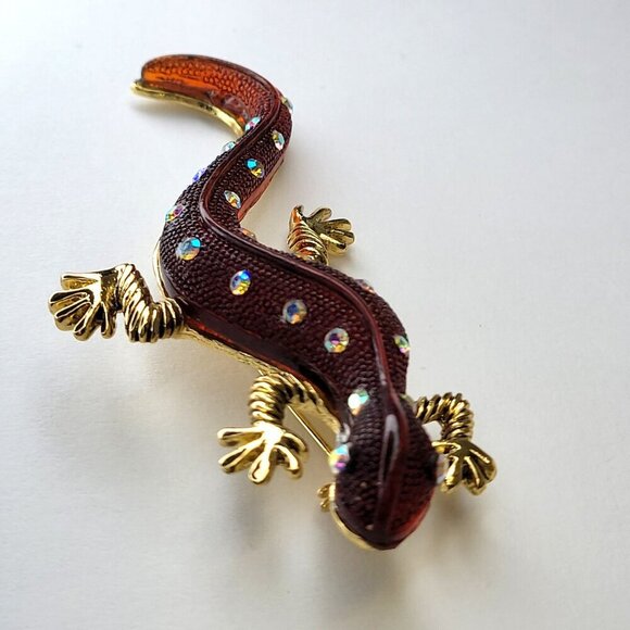 Gold Tone Lucite Aurora Crystal Lizard/Gecko Pin/Brooch - Picture 5 of 14